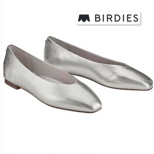 BIRDIES Crane Flat Shoes in Silver Leather Square Toe Minimalist Ballet Flats 9